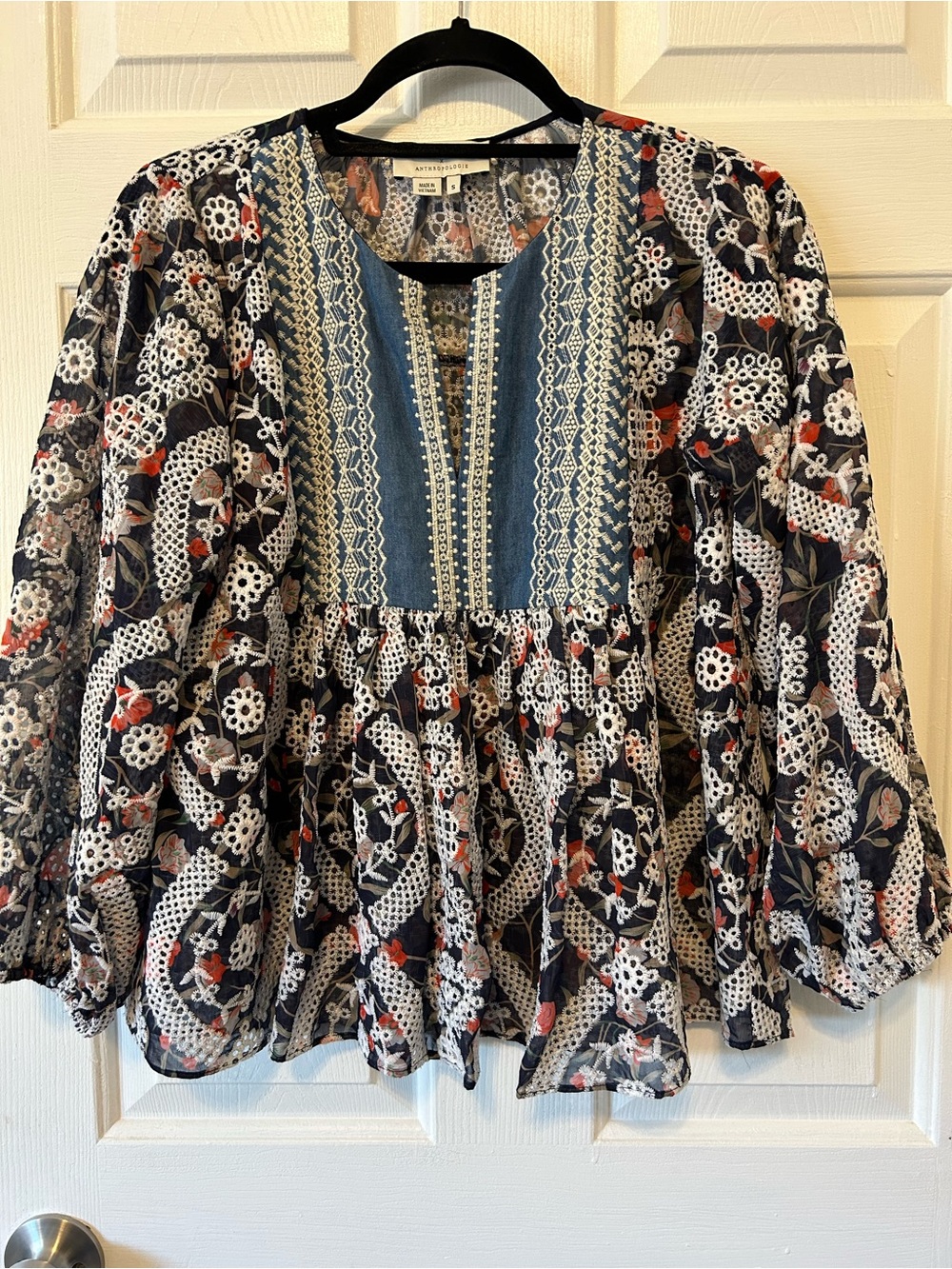 Anthropologie Navy Floral Lace-Trim Peasant Tunic with Denim Yoke